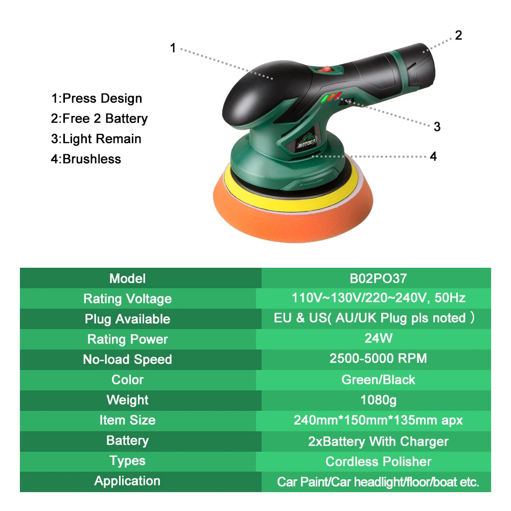 BATOCA Cordless Car Polisher 12V Wireless DA Car Polishing Machine Brushless Dual Action Buffer Free 2pcs 2.0Ah Lithium Battery