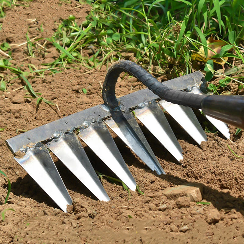 4/5/6/7 Teeth Iron Gardening Hoe Weeding Rake Farm Tool Grasping Raking Loosening Soil Nail Rake Tool Artifact Harrow Farm Tools