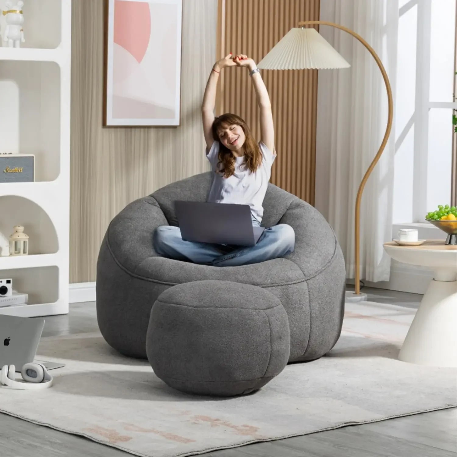 Bean Bag Chair with Ottoman, Comfy Bean Bag Sofa Chair,  Lazy Sofa, Modern Accent BeanBag Chairs for Living Room, Bedroom, Beige