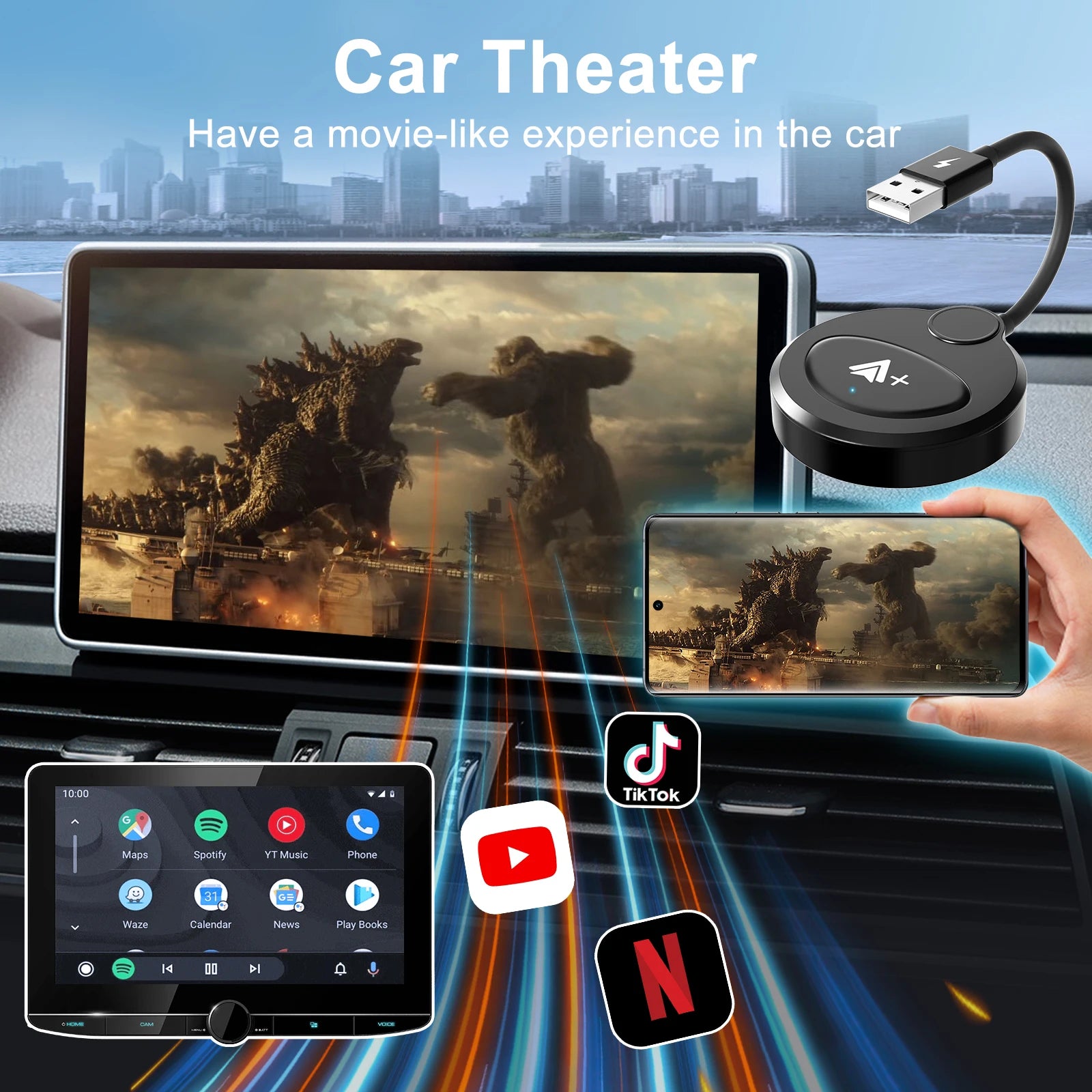 Wireless Android Auto Video Wireless Adapter Carplay with Netflix/YouTube/ TikTok For OEM Wireless Android Cars