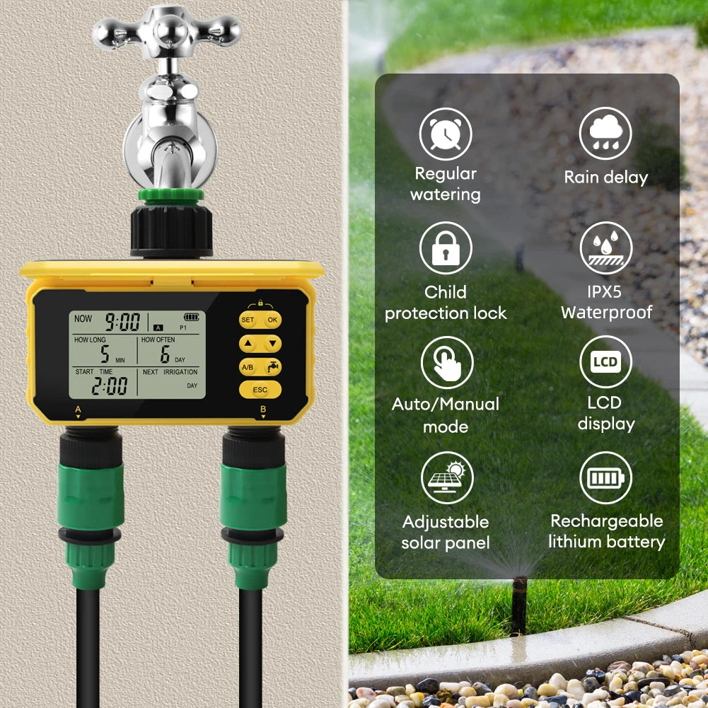 1/2 Zone Solar Irrigation Timer Digital LCD Automatic Irrigation System Outdoor Smart Garden Watering Tool Adjustable Program