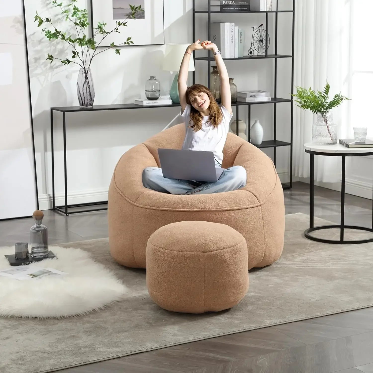 Bean Bag Chair with Ottoman, Comfy Bean Bag Sofa Chair,  Lazy Sofa, Modern Accent BeanBag Chairs for Living Room, Bedroom, Beige