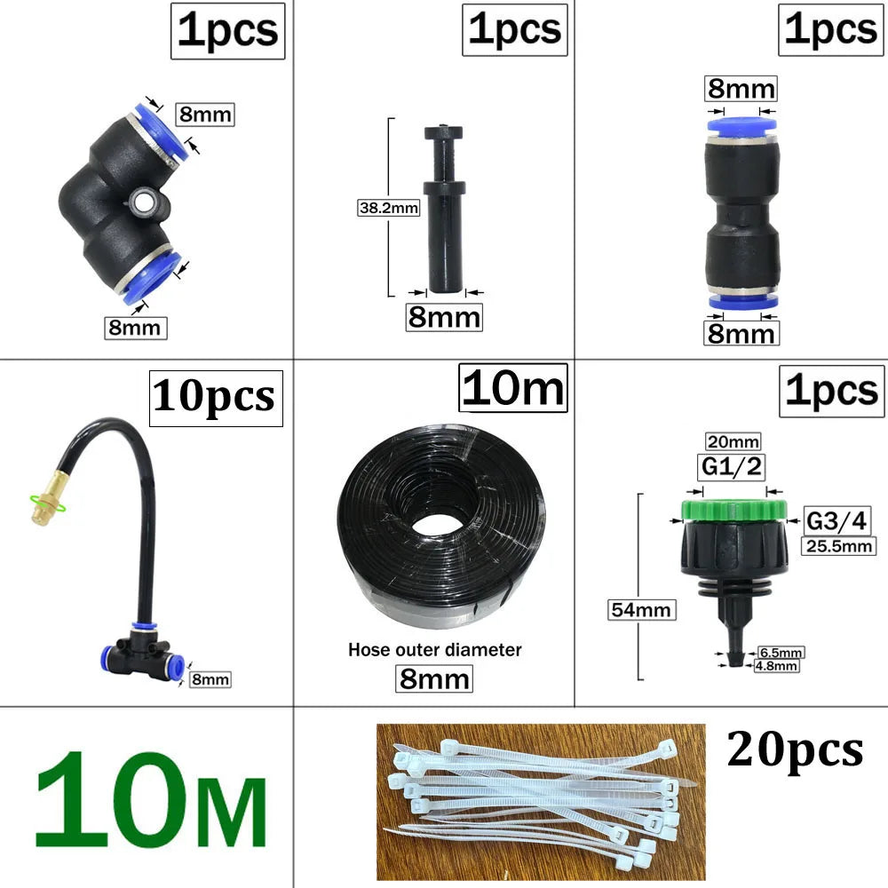 Outdoor Misting Cooling System DIY Garden Irrigation Watering 8mm Brass Atomizer Nozzles Connector Kit for Patio Greenhouse