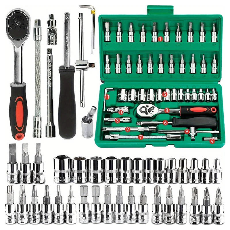 46pc Drive Socket Set 1/4 inch Ratchet Wrench Set with Sockets Metric Hex Bit Socket Set Mechanic Tool Kits for Auto Repair Hous