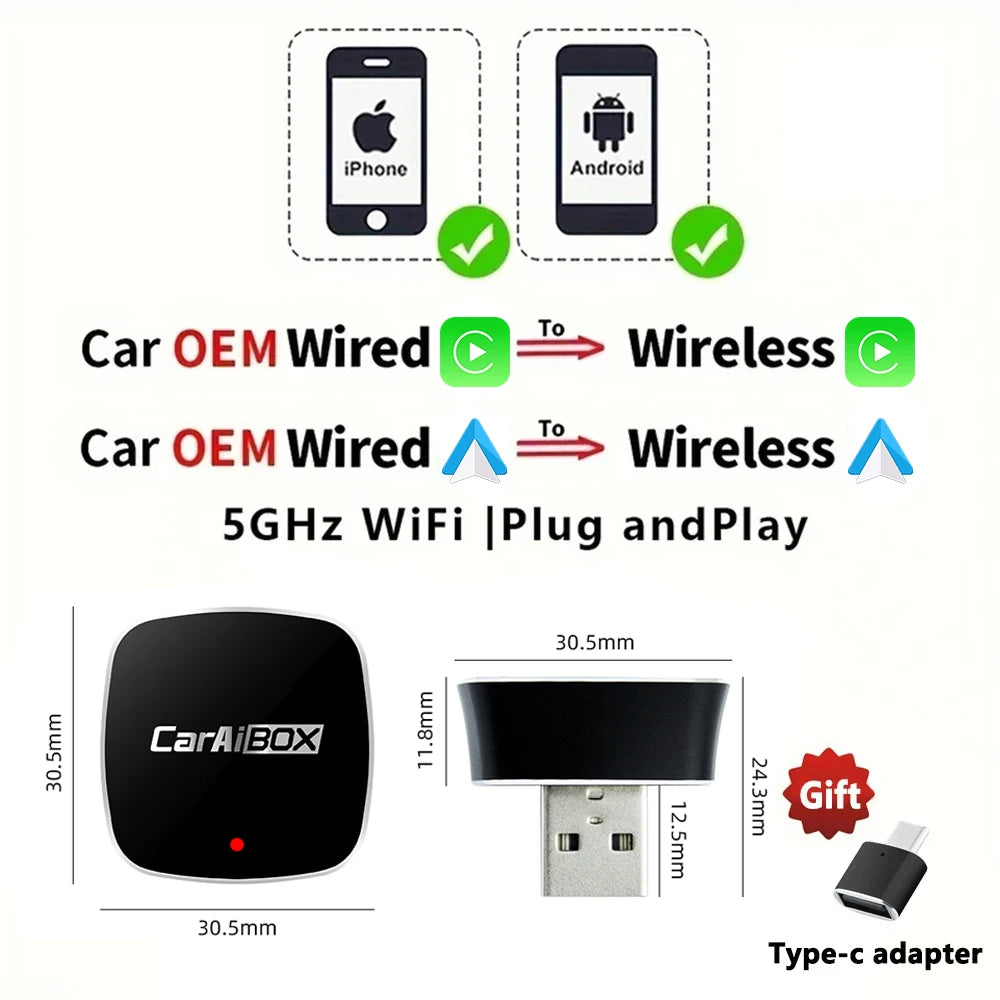 CarAiBOX RGB Mini Wired to Wireless CarPlay & Android auto Box Plug and Play For OEM Car Built-in wired CarPlay or Android auto