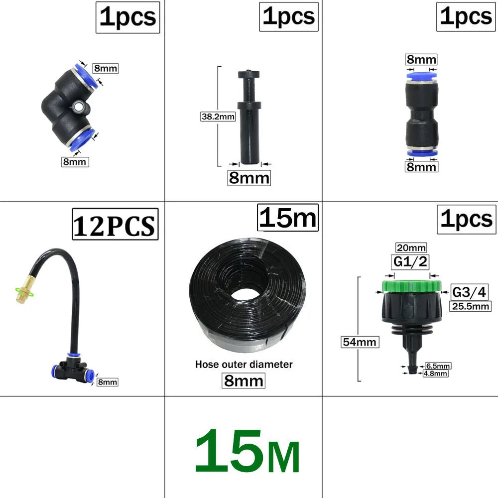 Outdoor Misting Cooling System DIY Garden Irrigation Watering 8mm Brass Atomizer Nozzles Connector Kit for Patio Greenhouse