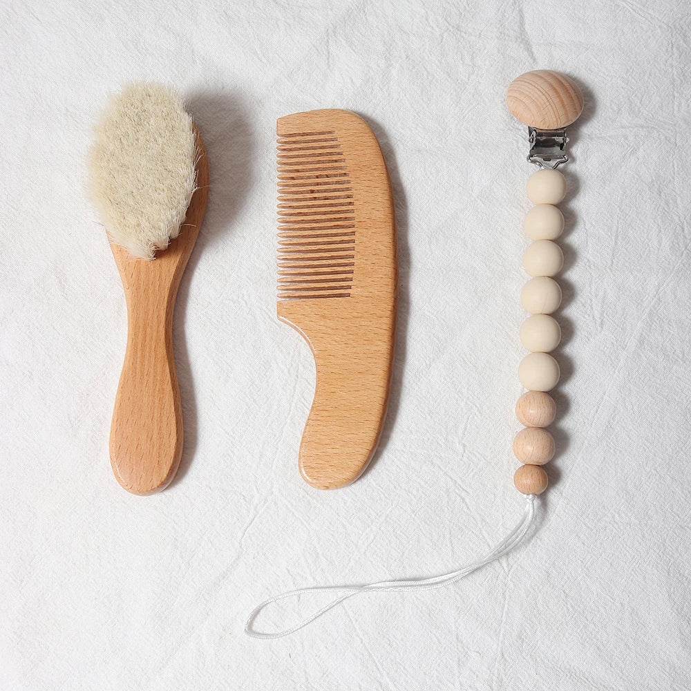 baby comb brush set newborn gift set Natural Wool beech Wooden Comb baby bib pacifier clip  Kids  Baby Hair Brush