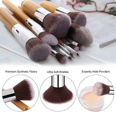 11Pcs Bamboo Makeup Brush Set, Synthetic Kabuki Brush Set With Organizer Bag & Makeup Sponge