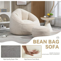 Bean Bag Chair with Ottoman, Comfy Bean Bag Sofa Chair,  Lazy Sofa, Modern Accent BeanBag Chairs for Living Room, Bedroom, Beige