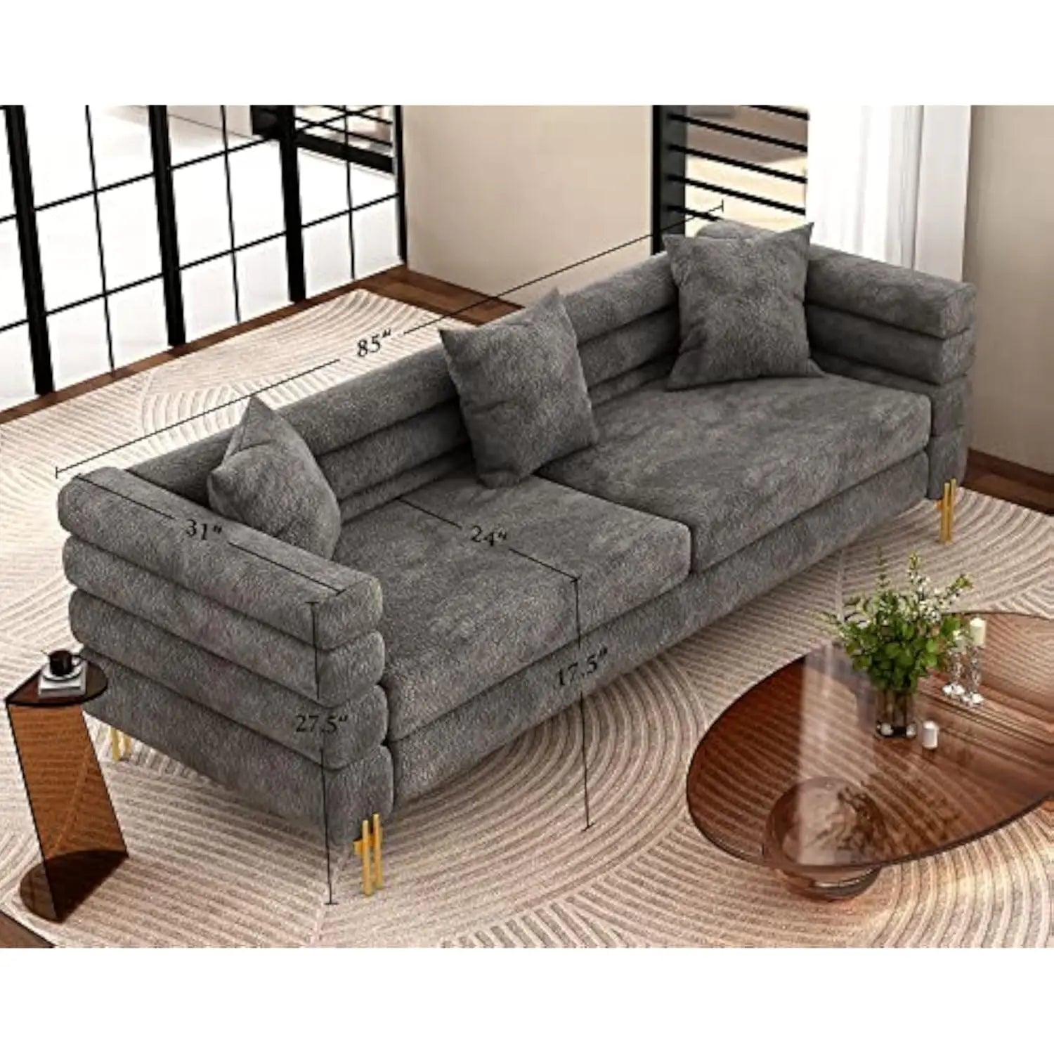 Oversized Sofa 85 inch Sofa Couch 3 Seater Comfy  Deep Seat Sofa for Living Room - Grey