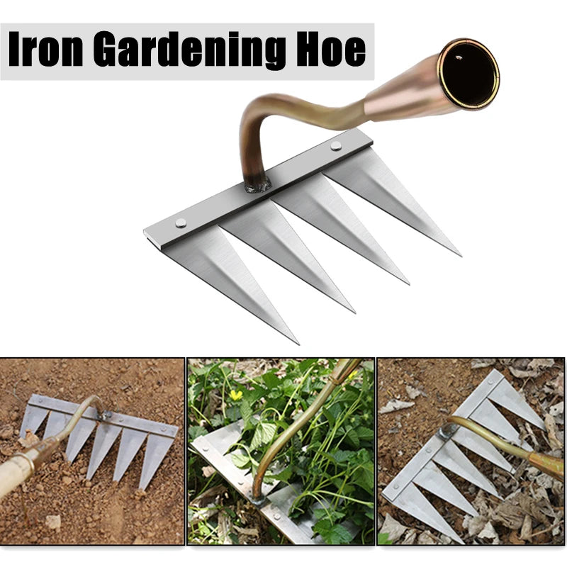 4/5/6/7 Teeth Iron Gardening Hoe Weeding Rake Farm Tool Grasping Raking Loosening Soil Nail Rake Tool Artifact Harrow Farm Tools