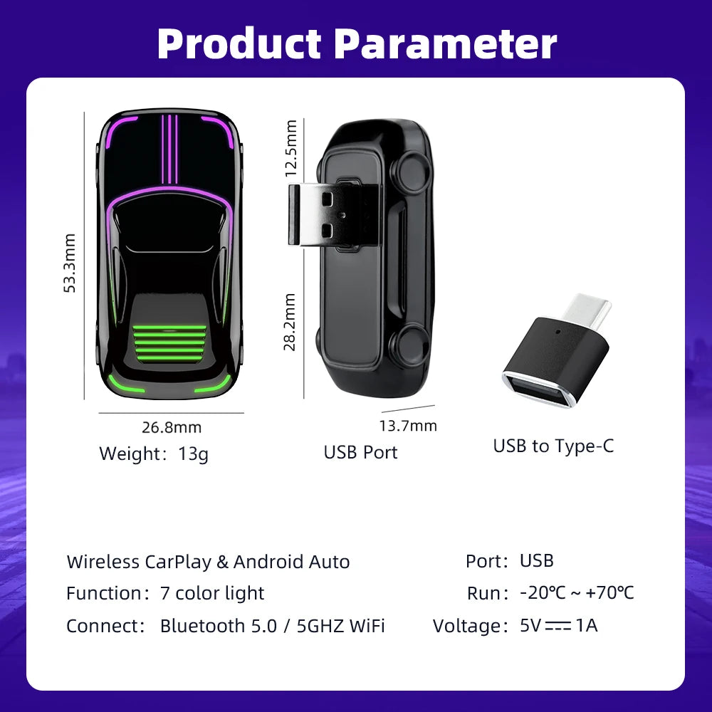 CarAiBOX RGB Mini Wired to Wireless CarPlay & Android auto Box Plug and Play For OEM Car Built-in wired CarPlay or Android auto