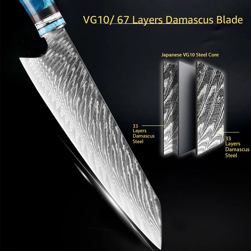 Real Damascus Steel VG10 Kitchen Chef Knife Set Meat Fish Fruit Bread Sliced Boning Professional Japanese Knives Butcher Cleaver