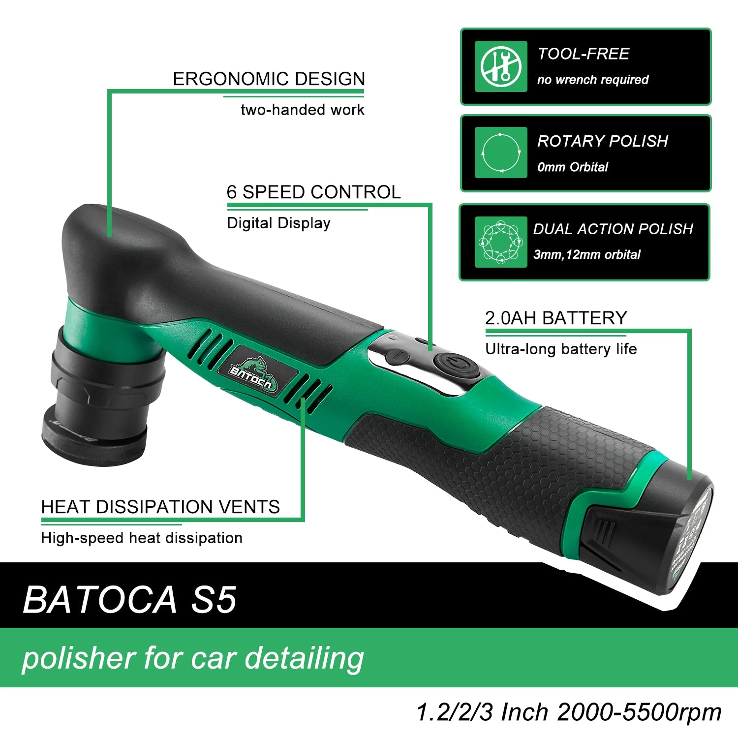 BATOCA S5 Cordless Car Polisher 1/2/3 Inch Mini Wireless Electric Polishing Wax Machine 12V RO&DA Buffing Tool For Auto Waxing