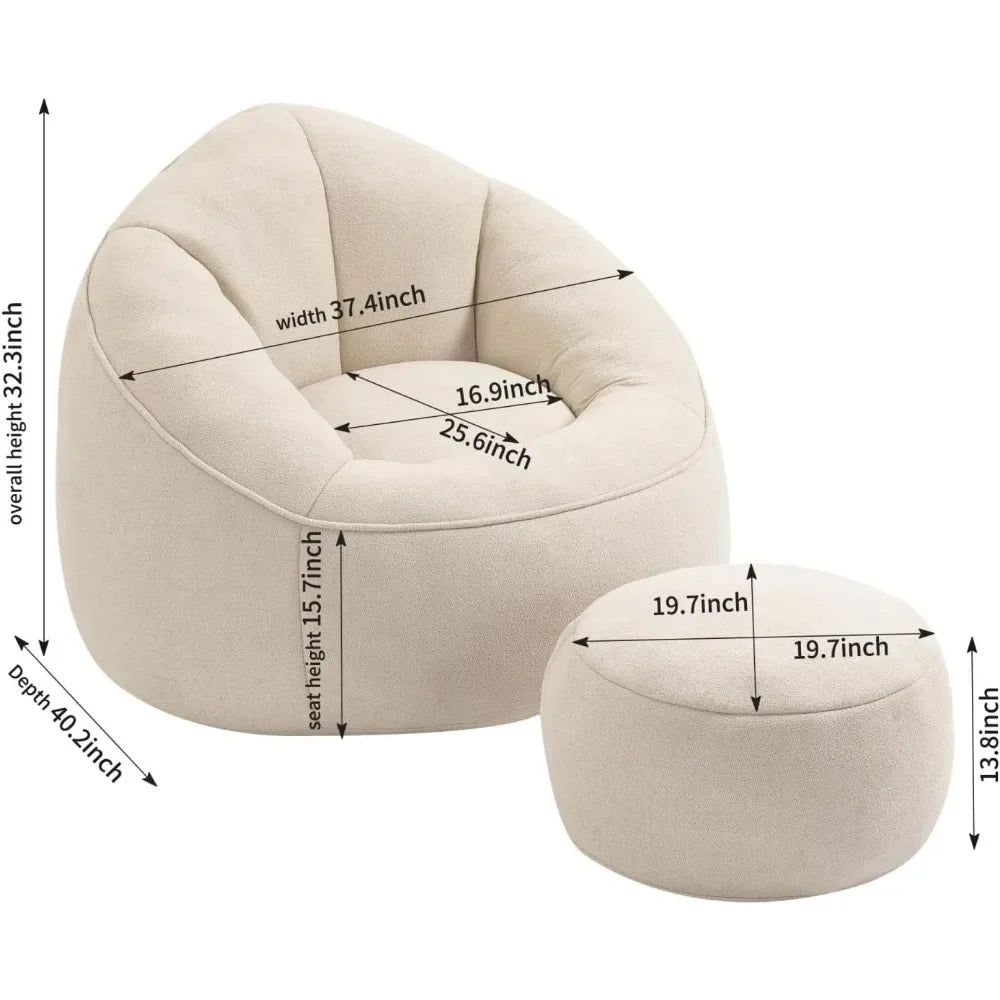 Bean Bag Chair with Ottoman, Comfy Bean Bag Sofa Chair,  Lazy Sofa, Modern Accent BeanBag Chairs for Living Room, Bedroom, Beige