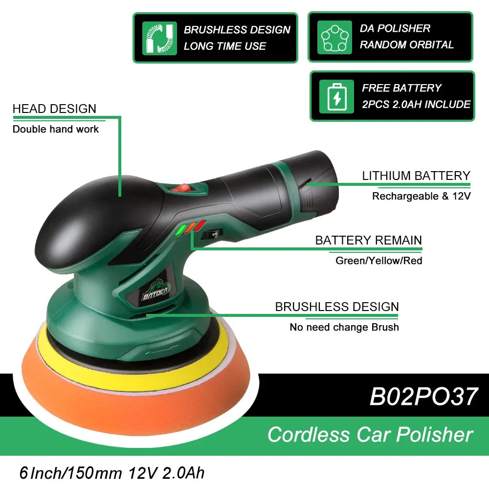 BATOCA Cordless Car Polisher 12V Wireless DA Car Polishing Machine Brushless Dual Action Buffer Free 2pcs 2.0Ah Lithium Battery