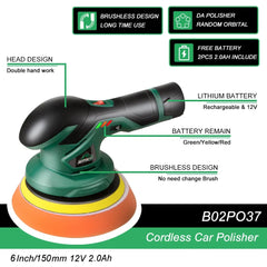 BATOCA Cordless Car Polisher 12V Wireless DA Car Polishing Machine Brushless Dual Action Buffer Free 2pcs 2.0Ah Lithium Battery