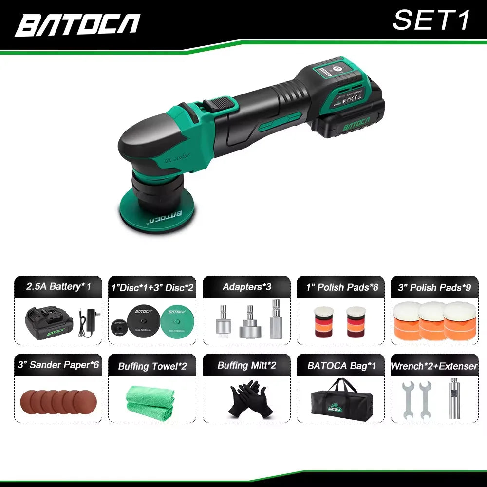 BATOCA Cordless Car Polisher Machine Set 12V RO/DA Micro Scratches Killer Brushless Motor Polisher with Detail Sponge Wool Pads