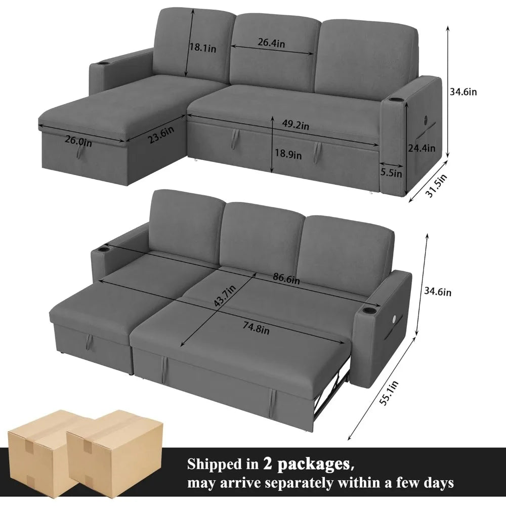 Pull Out Sleeper Sofa Bed 87" with Storage Chaise, Reversible 2 in 1 Sectional Sofa Bed with Charging Station, L-Shaped Sofa