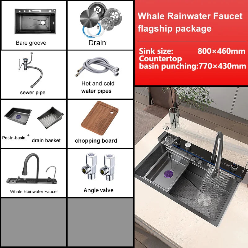 Stainless Steel  Waterfall Kitchen Sink Large Single Slot Digital Display Faucet Set Cup Washer Vegetable And Dishwashing Sinks