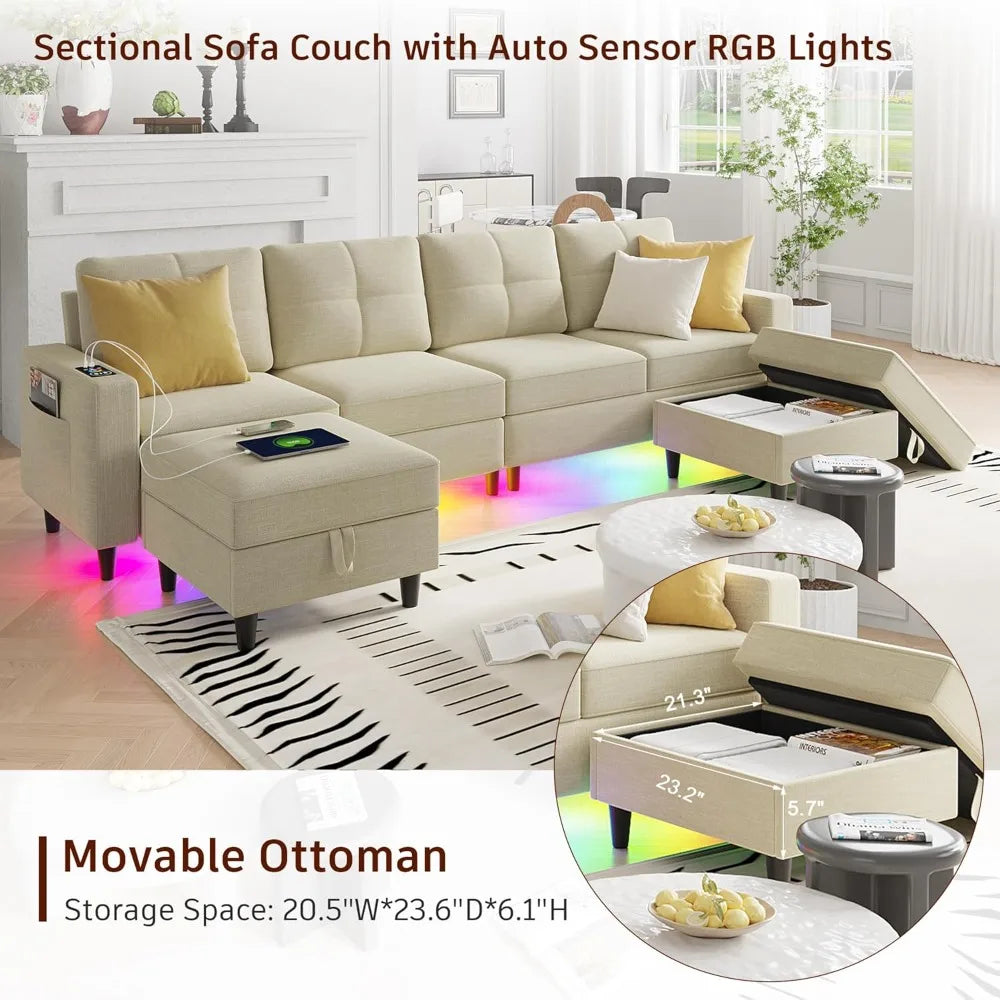 LED Sectional Couches for Living Room, Modular Sectional Sofa Set with Storage Ottomans, Oversized U Shaped Sofa Couch with Auto