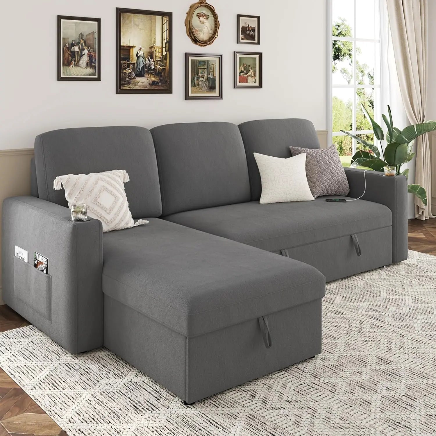 Pull Out Sleeper Sofa Bed 87" with Storage Chaise, Reversible 2 in 1 Sectional Sofa Bed with Charging Station, L-Shaped Sofa