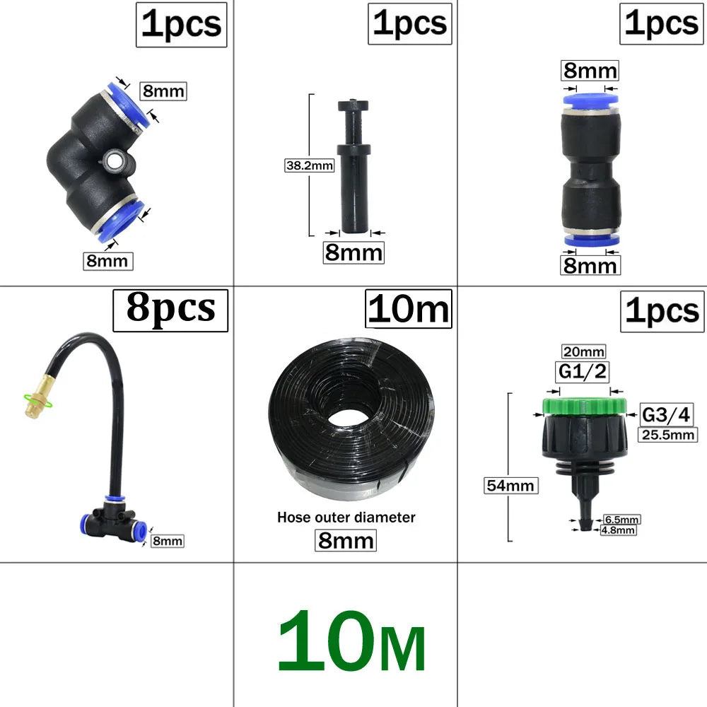 Outdoor Misting Cooling System DIY Garden Irrigation Watering 8mm Brass Atomizer Nozzles Connector Kit for Patio Greenhouse