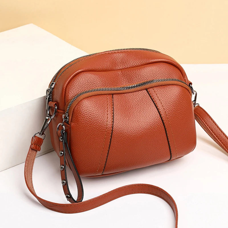 Solid Color Fashionable Rivet Zipper Women's Mobile Phone Bag Simple Soft Leather Shoulder Crossbody Small Square Bag