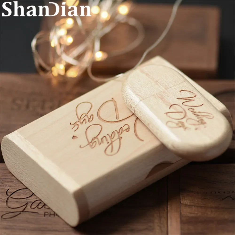 SHANDIAN Free LOGO Wooden + Box USB 2.0 Pen drive 4GB 16GB 32GB 64GB Flash Drive Memory stick wedding Photography Gift U Disk