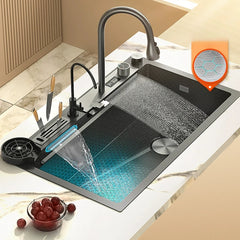 Stainless Steel  Waterfall Kitchen Sink Large Single Slot Digital Display Faucet Set Cup Washer Vegetable And Dishwashing Sinks