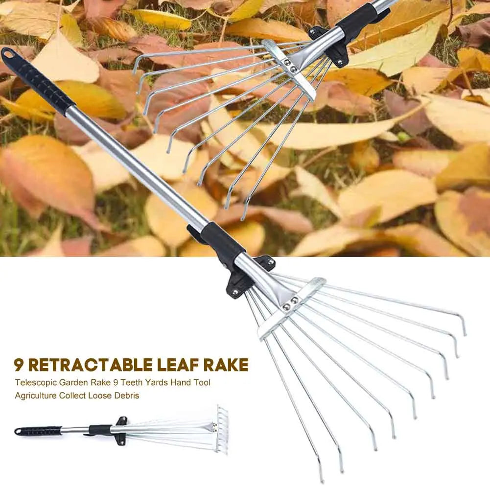 Yard Lawn Collect Loose Debris Garden Rake Fan Broom Stainless Steel 9 Teeth Telescopic Leaf Brush Home Hand Tool Garden Fork