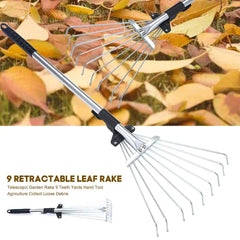 Yard Lawn Collect Loose Debris Garden Rake Fan Broom Stainless Steel 9 Teeth Telescopic Leaf Brush Home Hand Tool Garden Fork