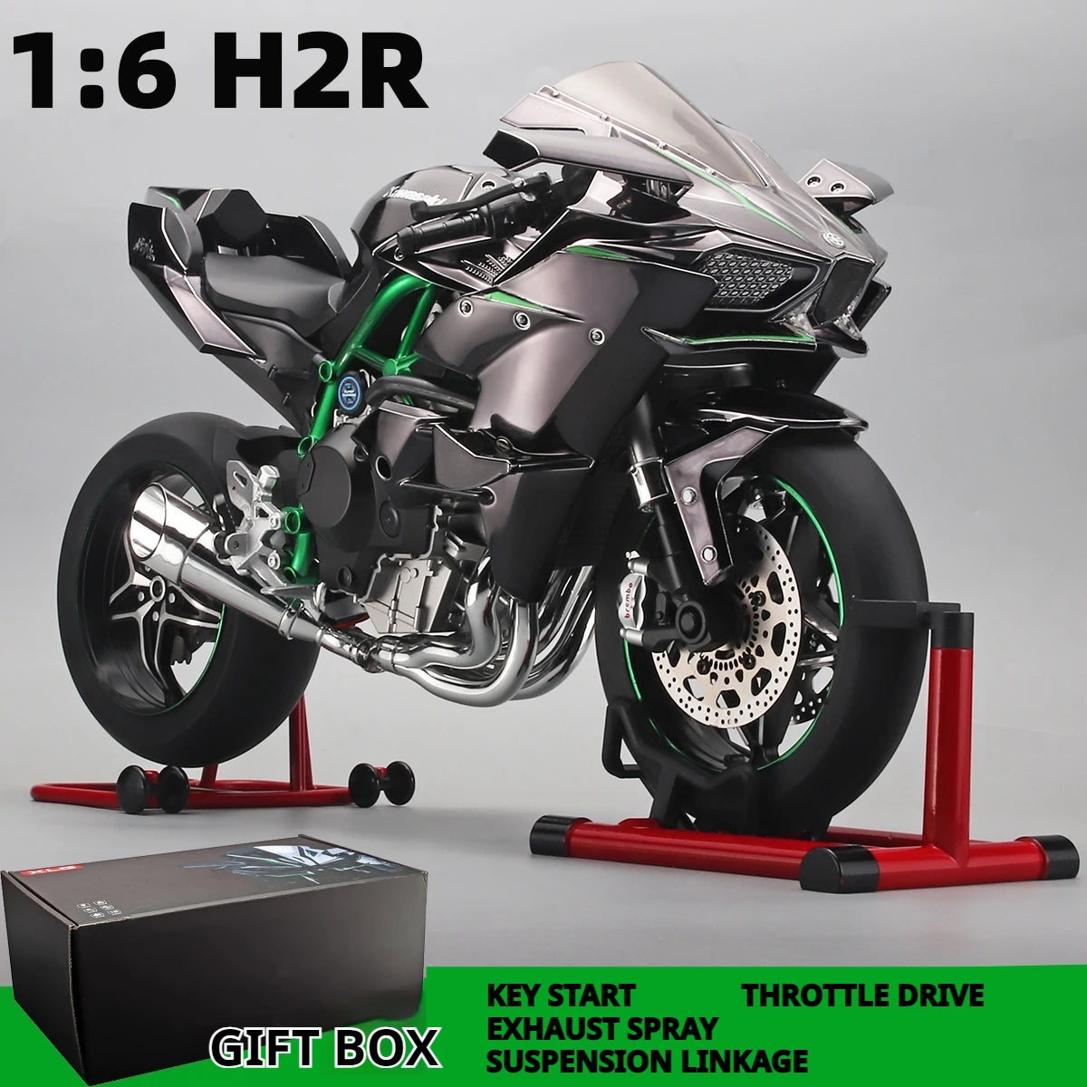 1:6 Kawasaki H2R Bootable Sprayable Dynamic Alloy Metal Diecast Motorcycle Model Sound And Light Birthday Gift Box For Boyfirend