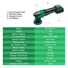 BATOCA S4 Cordless Car Polisher Mini Nano Wireless Polishing Machine Kit Quick Change Heads Brushless Motor 3/12mm Orbital