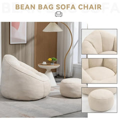 Bean Bag Chair with Ottoman, Comfy Bean Bag Sofa Chair,  Lazy Sofa, Modern Accent BeanBag Chairs for Living Room, Bedroom, Beige