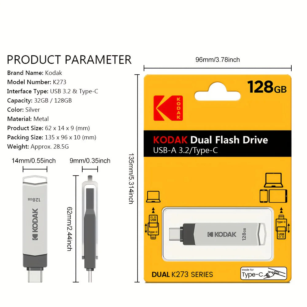 Kodak k273 high-speed USB flash drive 3.2 interface Type-C mobile phone computer dual-use 32G,64GB,128Gstorage USB flash drive