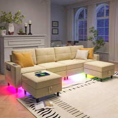 LED Sectional Couches for Living Room, Modular Sectional Sofa Set with Storage Ottomans, Oversized U Shaped Sofa Couch with Auto