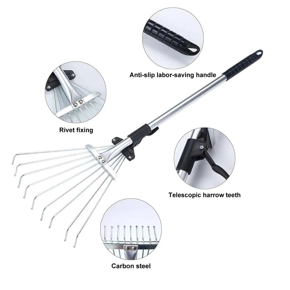 Yard Lawn Collect Loose Debris Garden Rake Fan Broom Stainless Steel 9 Teeth Telescopic Leaf Brush Home Hand Tool Garden Fork