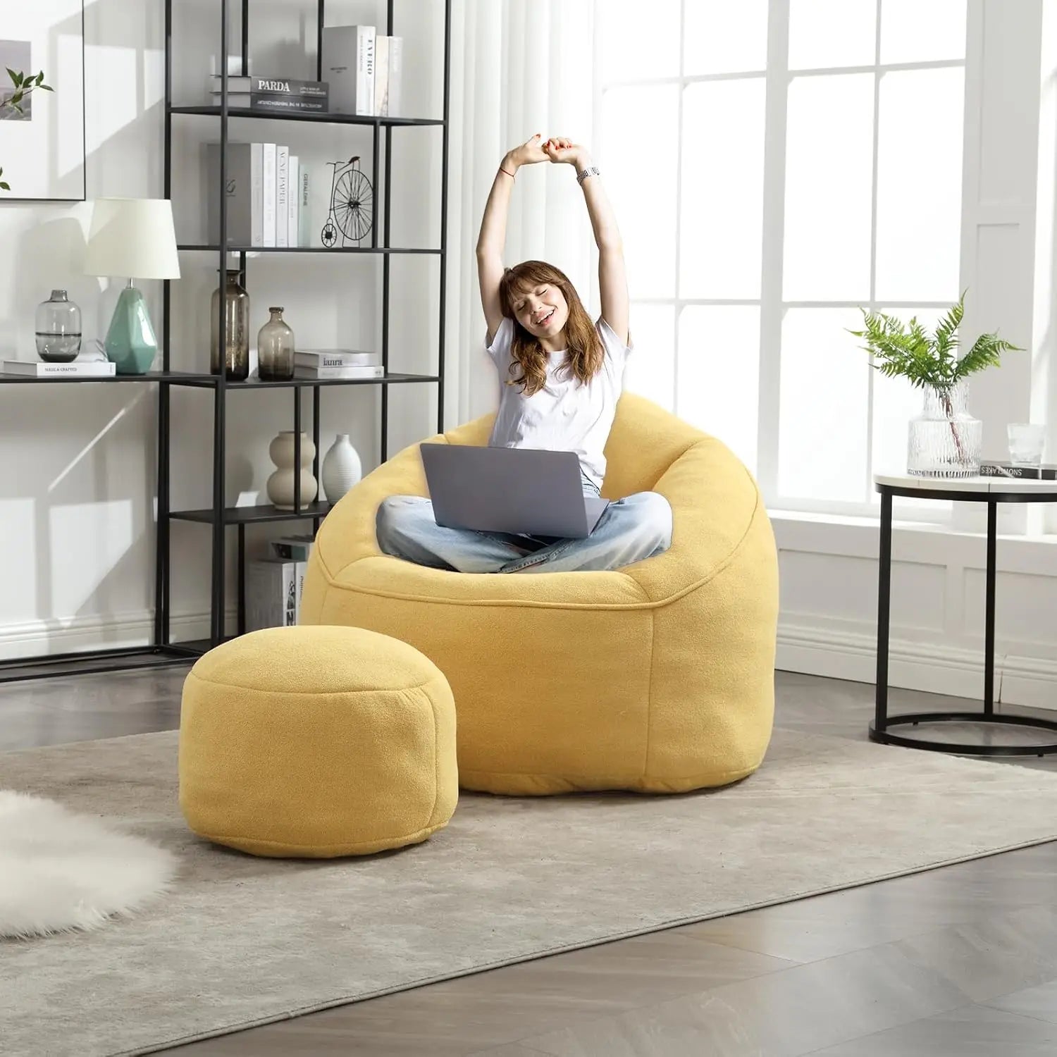 Bean Bag Chair with Ottoman, Comfy Bean Bag Sofa Chair,  Lazy Sofa, Modern Accent BeanBag Chairs for Living Room, Bedroom, Beige