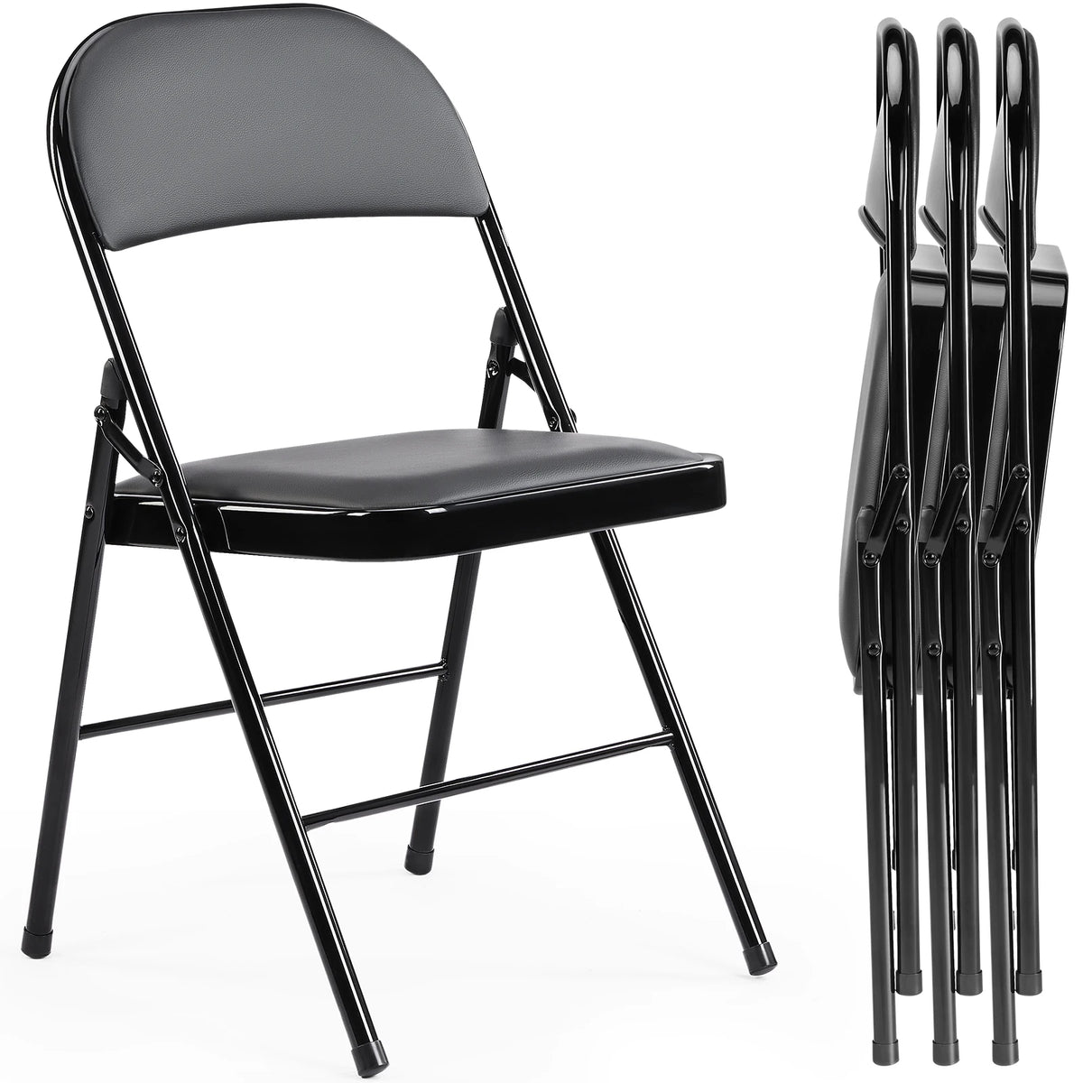 JHK Leather Padded Folding Chair 4 Pack Sturdy Metal Living Room Rocking Dinner Chairs Easy to Use Storage Outdoor Home Office