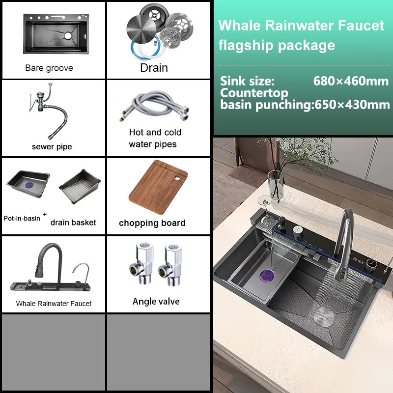 Stainless Steel  Waterfall Kitchen Sink Large Single Slot Digital Display Faucet Set Cup Washer Vegetable And Dishwashing Sinks