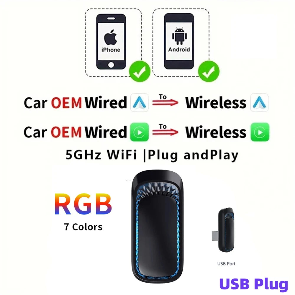 CarAiBOX RGB Mini Wired to Wireless CarPlay & Android auto Box Plug and Play For OEM Car Built-in wired CarPlay or Android auto