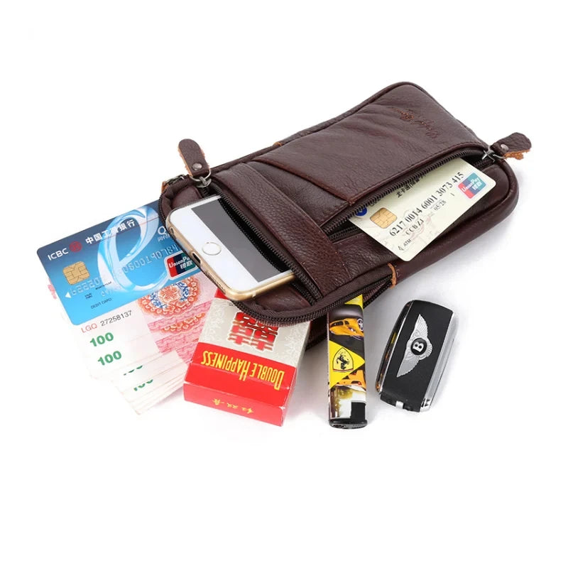 Leather Waist Bag Men's Mobile Phone Bag Wearing Belt Outdoor Sport One Shoulder Small Bag Doing Business Crossbody Bags