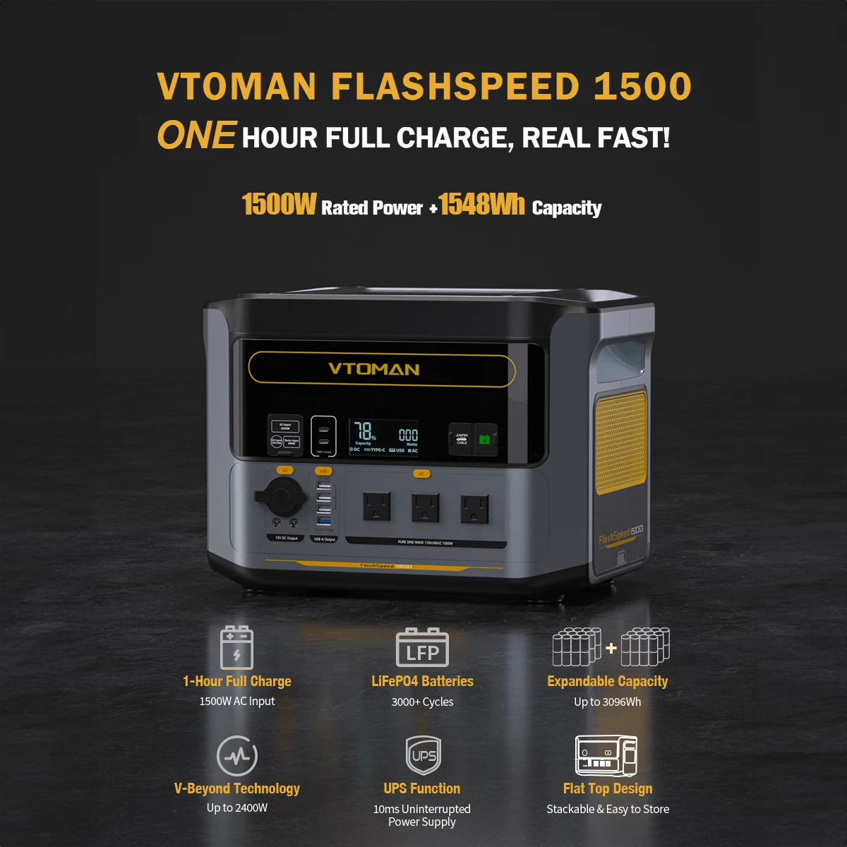 VTOMAN FlashSpeed 1500 Portable Power Station 1548Wh LiFePO4 Battery with 3000W Peak for Outdoor Camping RV Home Energy Power