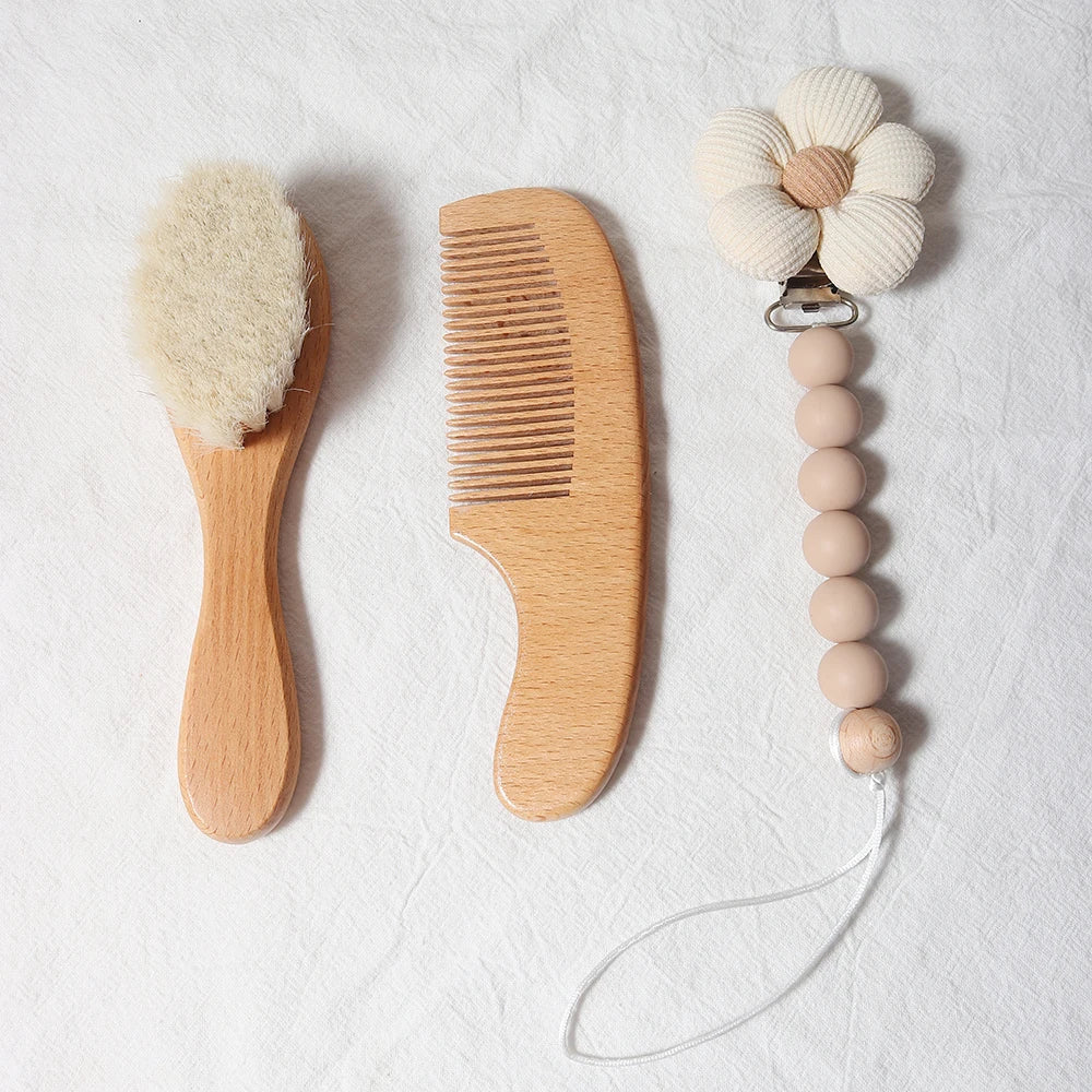 baby comb brush set newborn gift set Natural Wool beech Wooden Comb baby bib pacifier clip  Kids  Baby Hair Brush