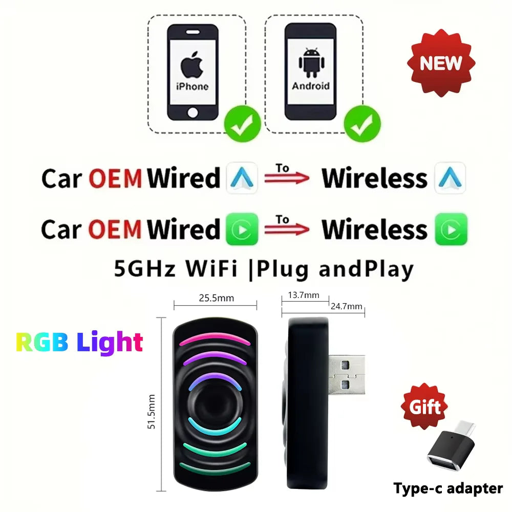 CarAiBOX RGB Mini Wired to Wireless CarPlay & Android auto Box Plug and Play For OEM Car Built-in wired CarPlay or Android auto