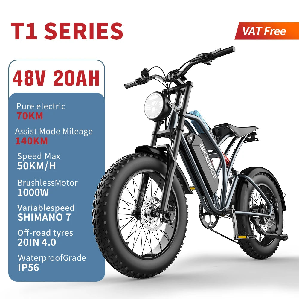 EKX T1 Electric Bicycle 20*4.0 Fat Tire 1000W Motor 48V20AH Lithium Battery Road Electric Bike Adults Waterproof Mountain EBike