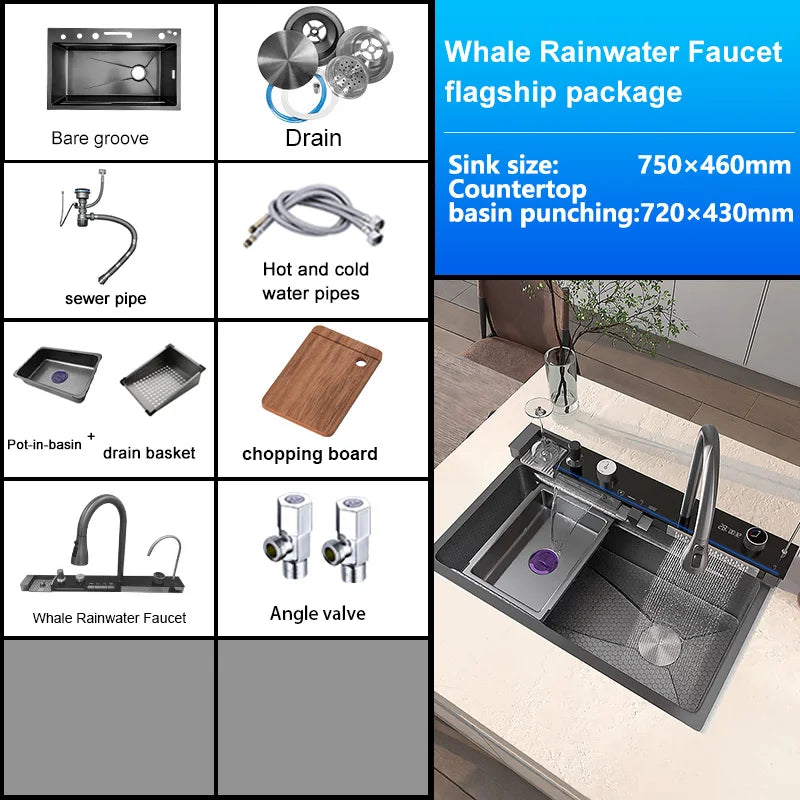 Stainless Steel  Waterfall Kitchen Sink Large Single Slot Digital Display Faucet Set Cup Washer Vegetable And Dishwashing Sinks