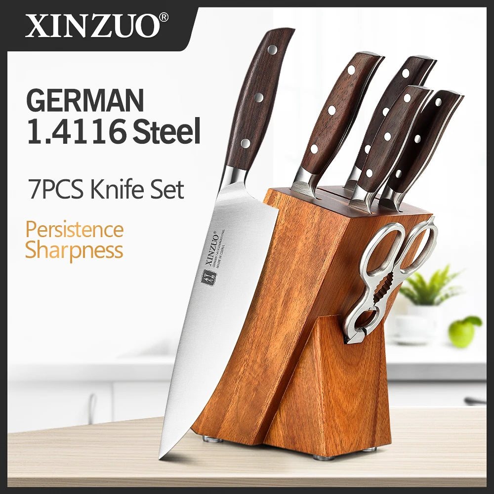 XINZUO Professional Full 7 PCS Knife Set German 1.4116 Stainless Steel Kitchen Knives Sets Best Kitchen Slicing Santoku Tool