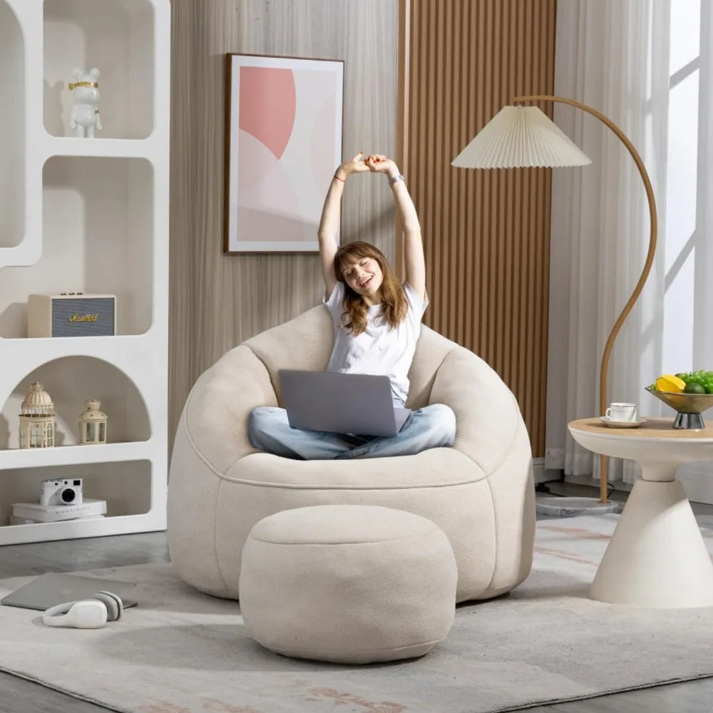 Bean Bag Chair with Ottoman, Comfy Bean Bag Sofa Chair,  Lazy Sofa, Modern Accent BeanBag Chairs for Living Room, Bedroom, Beige